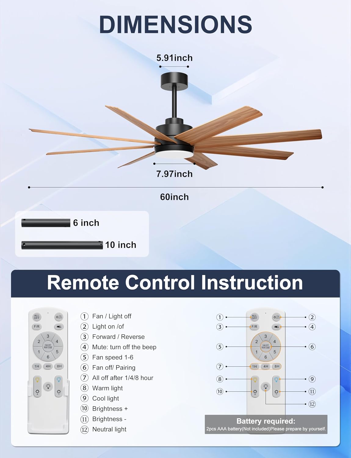 Ohniyou 60" Modern Farmhouse Ceiling Fan with Light for Patio, Living Room