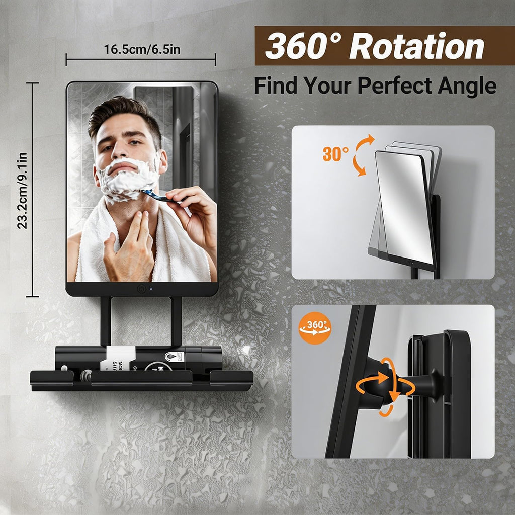 Cordless Heated Fogless Shower Mirror for Shaving (Black)