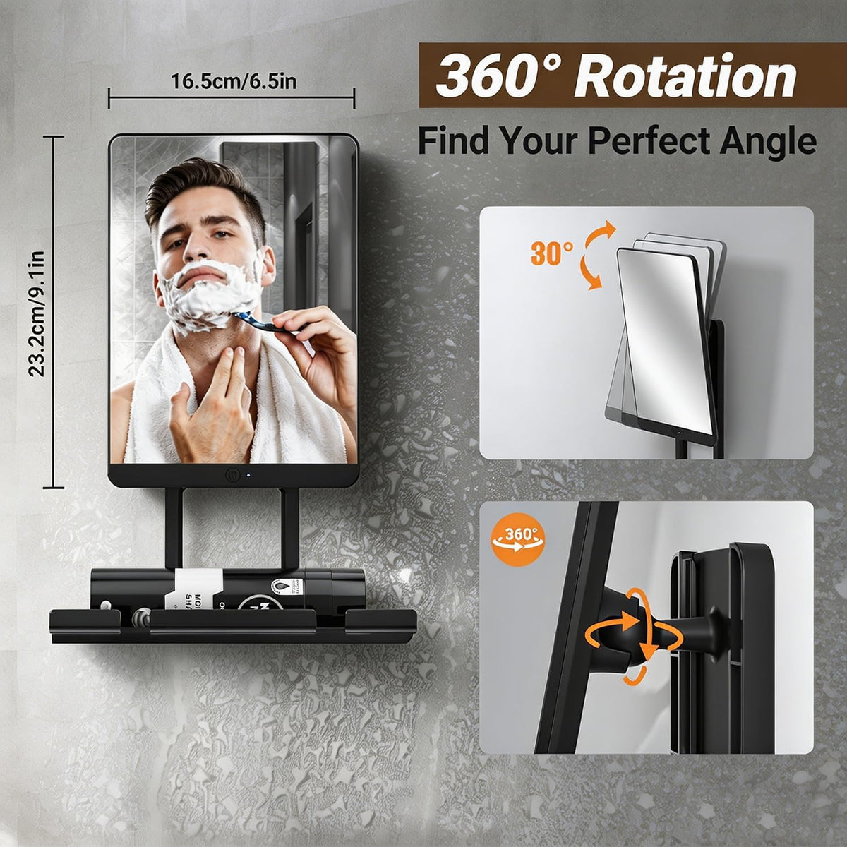 Cordless Heated Fogless Shower Mirror for Shaving (Black)