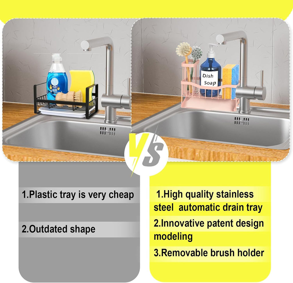 Fssvcd Maifan Sink Caddy Sponge Holder for Kitchen with Brush Holder and Stainless Steel Self Drain Tray, Rustproof Kitchen Sink Organizer for Sponge, Soap Dispenser Storage Accessories Pinky White