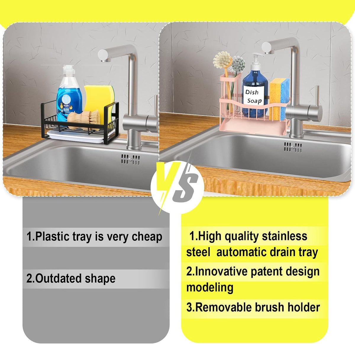 Fssvcd Maifan Sink Caddy Sponge Holder for Kitchen with Brush Holder and Stainless Steel Self Drain Tray, Rustproof Kitchen Sink Organizer for Sponge, Soap Dispenser Storage Accessories Pinky White