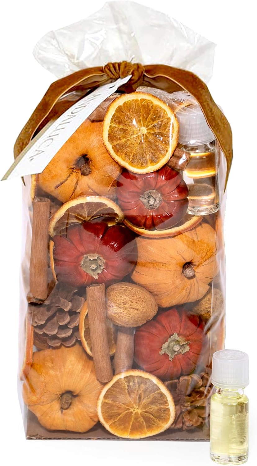 ANDALUCA Potpourri Mini Pumpkins, Cinnamon, Orange Slices & Pumpkin Spice Fragrance Vial Included Vase & Bowl Filler (Pumpkin Spice)