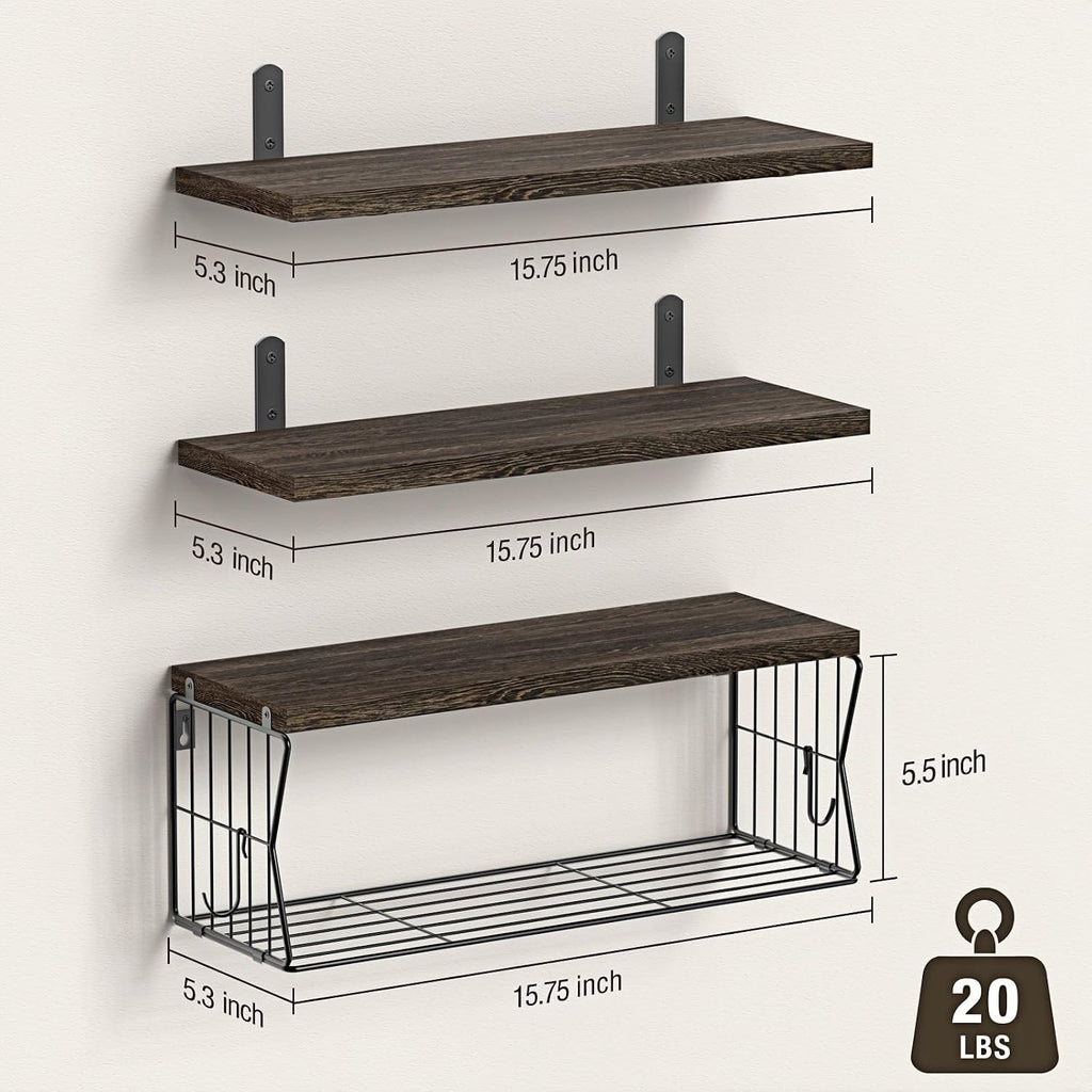 Floating Bathroom Shelves Wall Mounted - Wooden Shelf Set of 3 for Over Toilet Storage & Farmhouse Bathroom Decor - Perfect Shelving Organizer for Apartments RVs Powder Room Restroom - Rustic