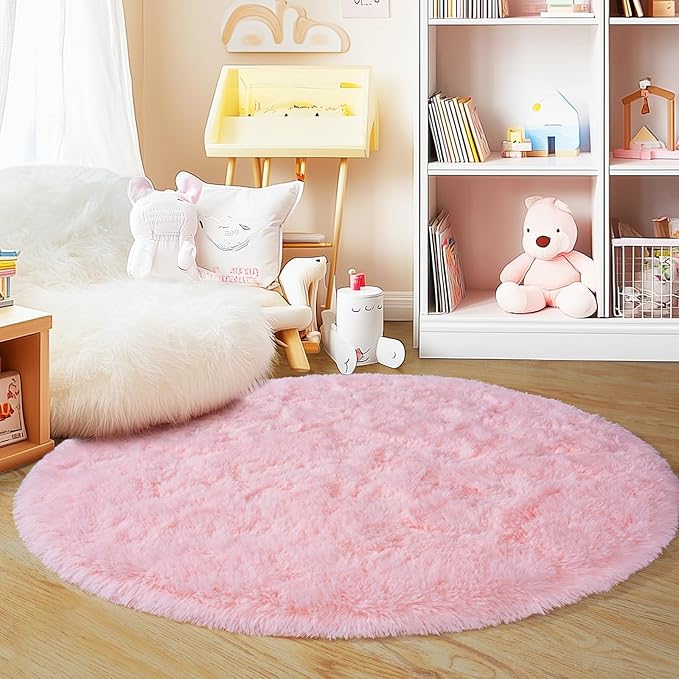 3'x3' Round Pink Rugs for Girls Bedroom, Ultra Soft Fluffy Circle Rug for Kids - Image 3