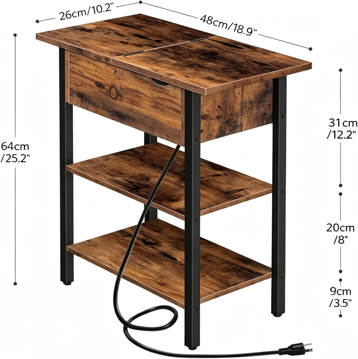 HOOBRO End Table with Charging Station, Narrow Side Table, Flip Top Nightstand with USB Ports and Outlets, Bedside Tables with Shelf for Small Spaces, Living Room, Rustic Brown BF341BZ01
