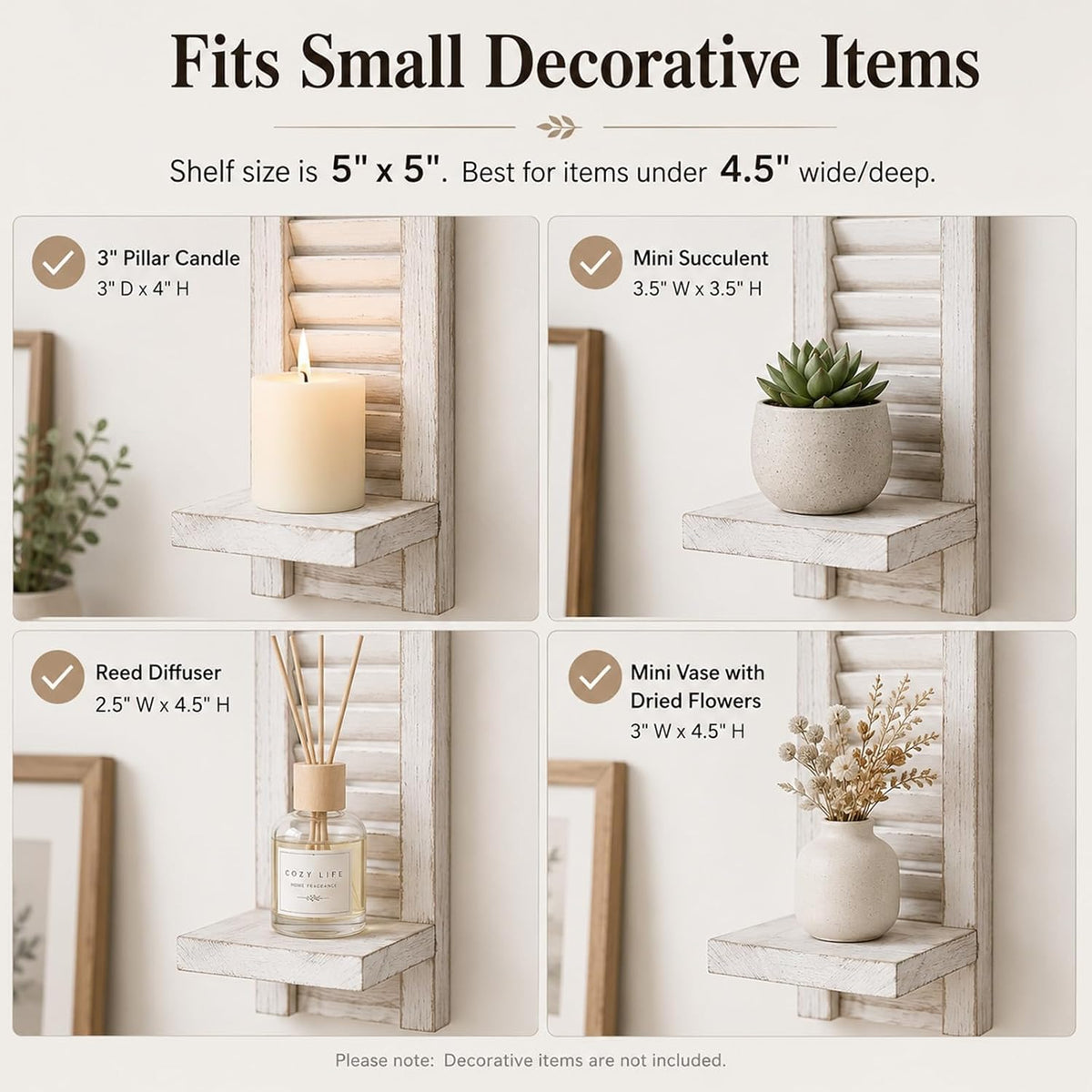 Farmhouse Wall Candle Holders Set of 2, White Wood Shutter Decor
