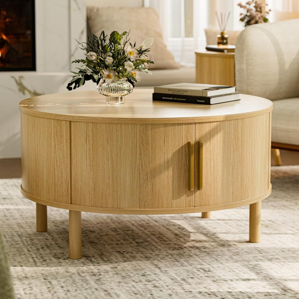 ZttRiee Round Coffee Table with Sliding Doors, Mid-Century, Walnut