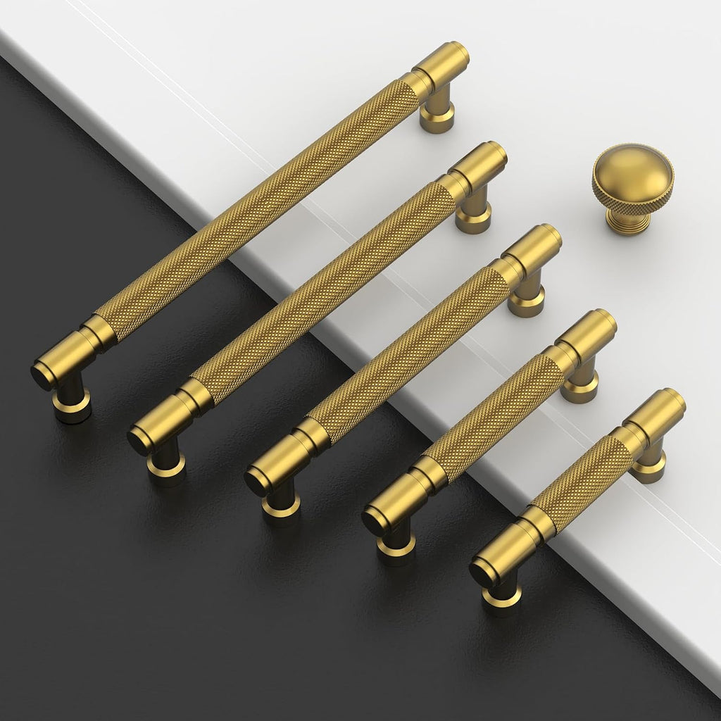 Amerdeco 10 Pack Brushed Modern Brass knurled Cabinet Pulls 5"