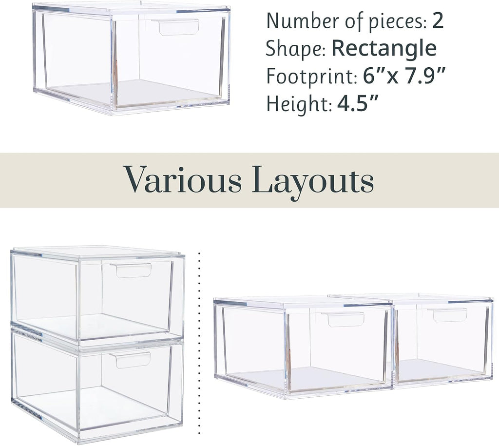 STORi Audrey Stackable Clear Bin Plastic Organizer Drawers | 2 Piece Set | Organize Cosmetics and Beauty Supplies on a Vanity | Made in USA