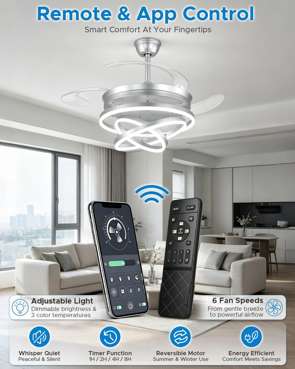 48 Inch Retractable Ceiling Fans with Lights and Remote, Modern Chandelier Fandelier Ceiling Fans, Quiet Reversible DC Motor, 6 Speeds, 3 Color Dimmable LED for Bedroom Living Room (Silver)