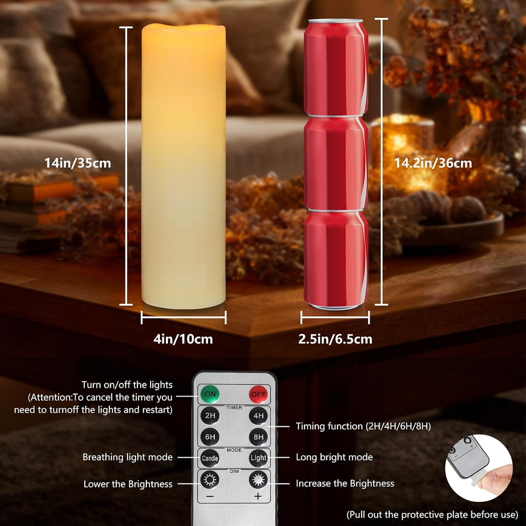 14" x 4" Large Outdoor Waterproof Candles with Timer Remote, 4 Pack