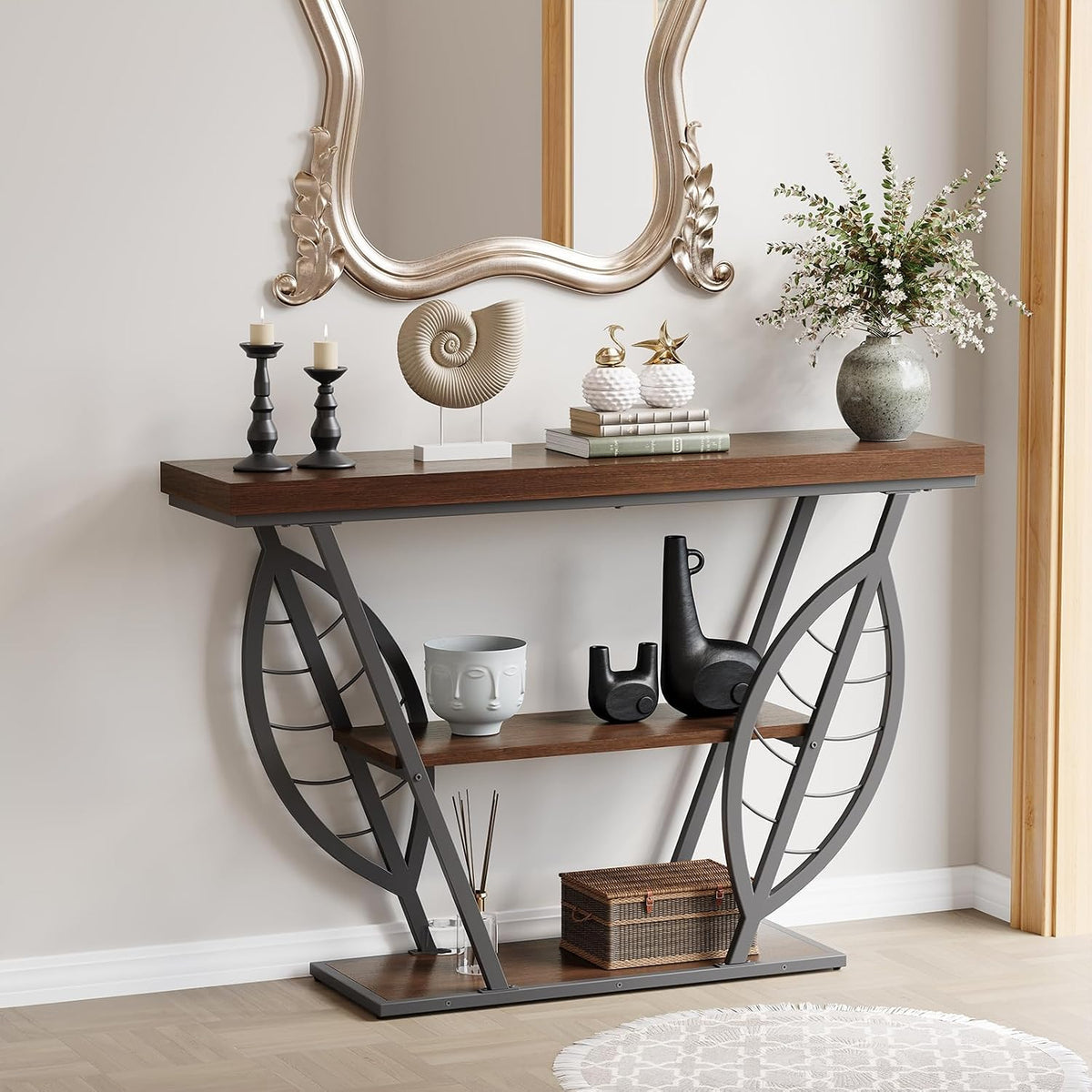 HavenlyYouth Leaf Design Console Table for Entryway, 3-Tier Storage, 30mm Thick Industrial Metal Frame, Easy-to-Assemble Narrow Accent Table, Space-Saving for Hallway, Entrance, Foyer.Walnut