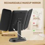 Rechargeable Lighted Makeup Mirror with 1X/3X/5X Magnification, Professional 3-Color LED Trifold Vanity Mirror, Smart Memory, Type-C Charging, Portable Beauty Mirror for Travel, Idea Gifts - Black