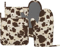 Brown Cowhide Oven Mitts and Pot Holders Sets Silicone Brown Cow Print Kitchen Mitts Cowhide Skin Pattern Potholders Heat Resistant 4Pcs Oven Gloves Hot Pads for Kitchen Baking Cooking