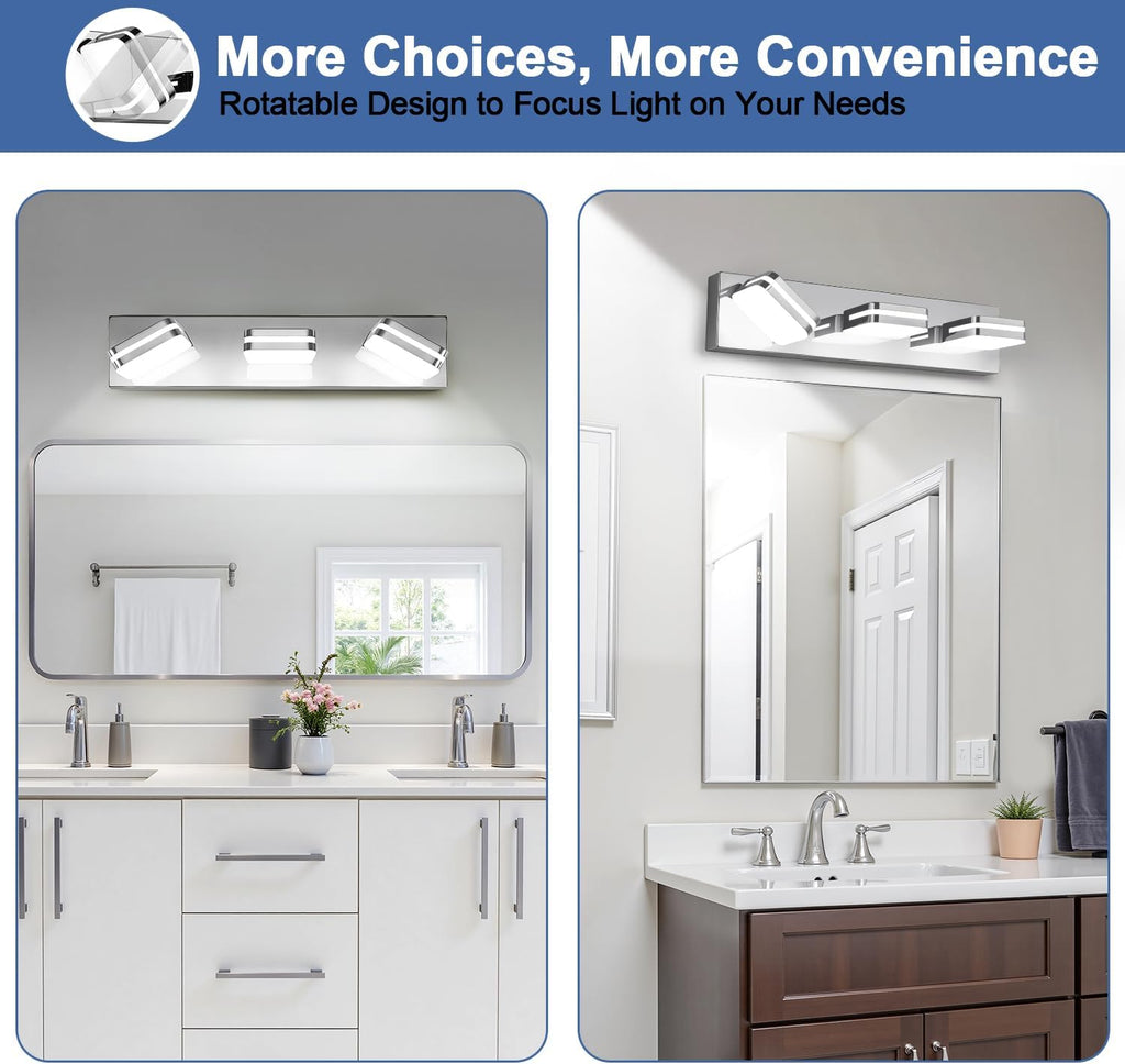 Torondo 360° Rotate LED Bathroom Vanity Light Fixtures, Acrylic Vanity Lights for Bathroom, Modern Wall Lighting Fixtures Over Mirror Living, Chrome, Natural White, 3-Light, 17-Inch
