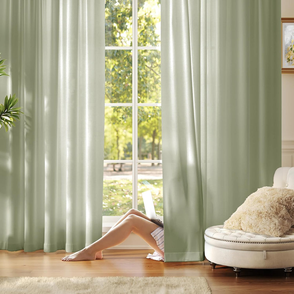 Anmao Non-See-Through Sage Green Privacy Semi Sheer Curtains for Living Room 84 Inch Length 2 Panels Set, Light Filtering that Let Light in Rod Pocket Window Drapes for Bedroom, 52W x 84L, Sage