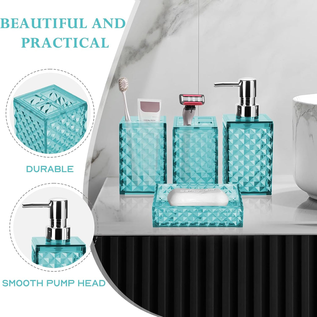 Bathroom Accessory Set, Grid Pattern 4 Pcs Plastic Bathroom Set, Teal Blue