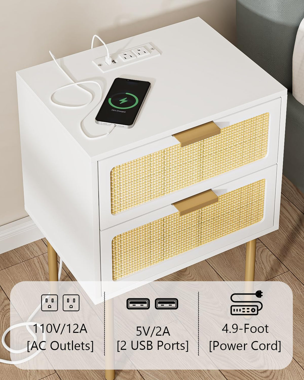 Aobafuir Nightstand with Charging Station, Rattan Nightstand for Bedroom, Small Bedside Table with Drawers, Night Stand, End Table with Gold Frame for Living Room (White, 2 Drawers)