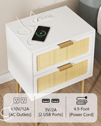 Aobafuir Nightstand with Charging Station, Rattan Nightstand for Bedroom, Small Bedside Table with Drawers, Night Stand, End Table with Gold Frame for Living Room (White, 2 Drawers)