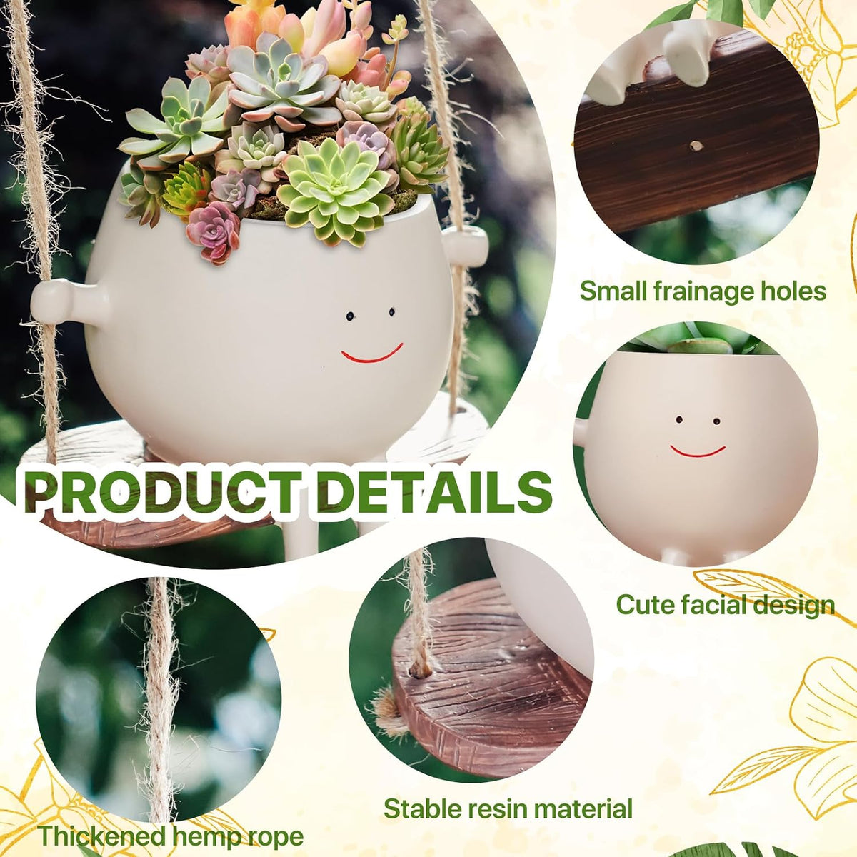 2 PCS Swinging Face Plant Pots 【Thicken Version】 Unique Cute Hanging Succulent Cactus Flower Head Resin Planters Pots for Indoor & Outdoor, Creative Novelty Decorative Planter Gift for Home Garden