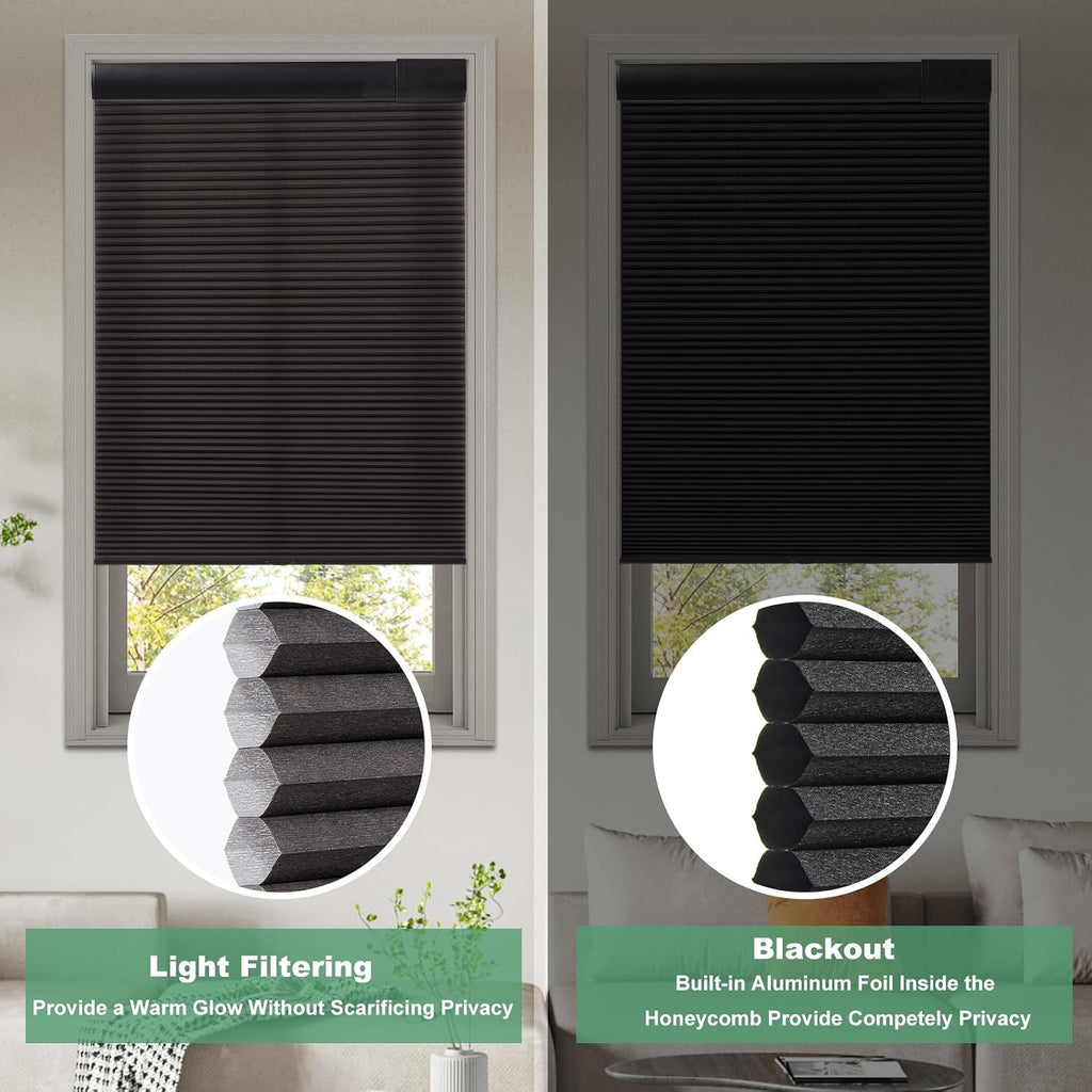 Tonature No Drill Cellular Shades for Indoor Windows, Thermal Insulating & Noise Reducing Honeycomb Blinds, Free Stop Cordless Blackout Shades, Black, 34 1/2" W x 64" H