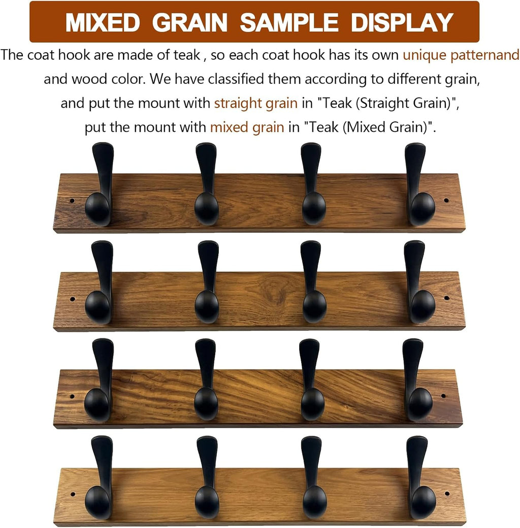 Wooden Coat Rack Wall Mount,Teak Solid Wood Coat Hanger with 4 Metal Hooks,16 inch Mounting Hole Spacing,Rustic Wall-Mounted Coat Racks for Towel,Hat,Key,Jacket,Clothes (1, Teak (Mixed Grain))