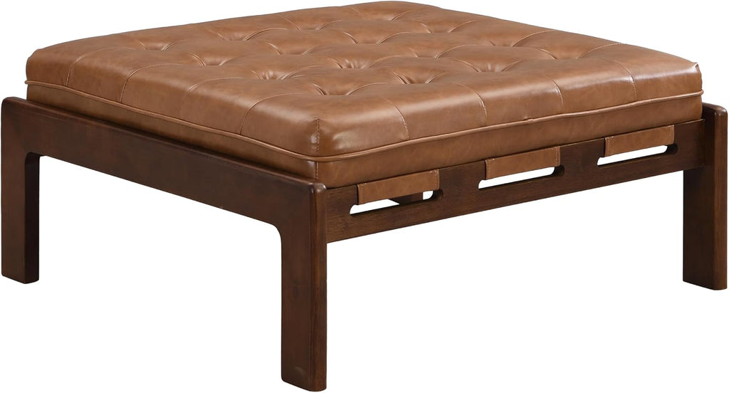 Christopher Knight Home Yorick Modern Square Faux Leather Upholstered Living Room Cocktail Ottoman/Coffee Table, Rubberwood Frame, Tufted Top, Large Sofa Footstool, Multi-Functional, Brown+Walnut