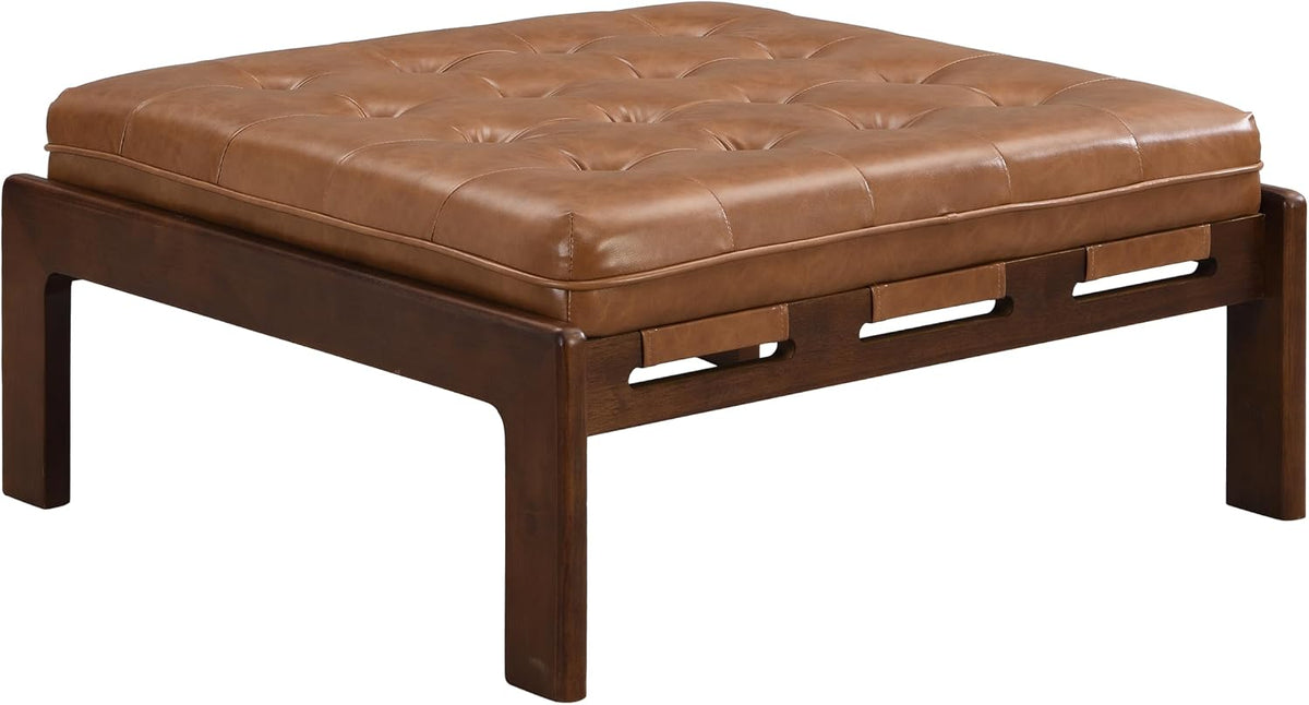 Christopher Knight Home Yorick Modern Square Faux Leather Upholstered Living Room Cocktail Ottoman/Coffee Table, Rubberwood Frame, Tufted Top, Large Sofa Footstool, Multi-Functional, Brown+Walnut