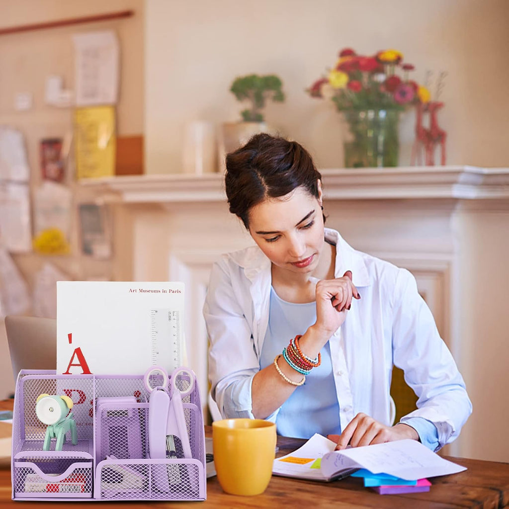 Purple Mesh Desk Organizer and Accessories, Purple Office Supplies 7 Compartments Desk Organizer with Stapler,Tape Dispenser,1000 Staples,Pen Holder,Staple Remover,Clips,Ruler,Scissors