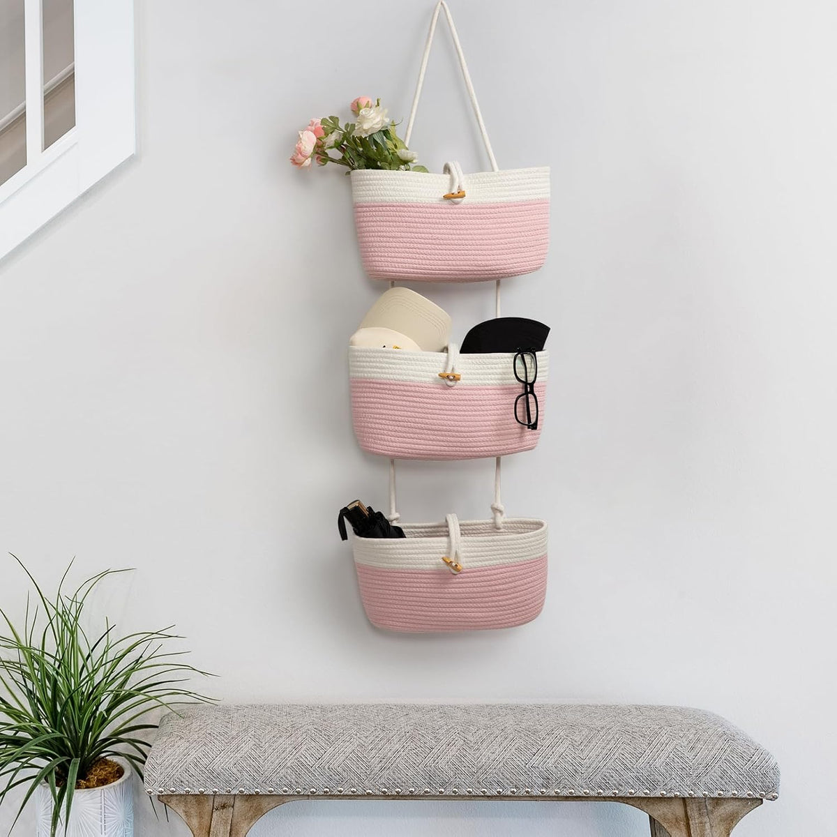 Over The Door Hanging Baskets with Button Strap, 3-Tier Woven Cotton Storage Organizer Bag, Wall-Mounted with Hook Decorative Hanging Nursery Baskets - Pink+White