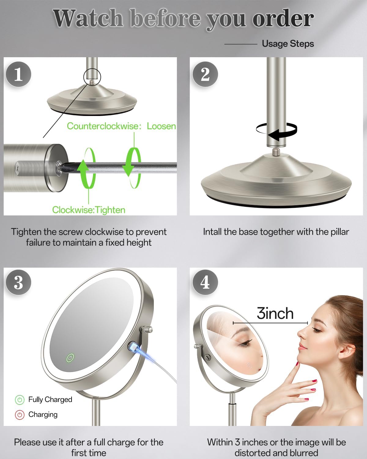 8" Lighted Makeup Mirror with Light,30X Magnifying Height Adjustable Mirror