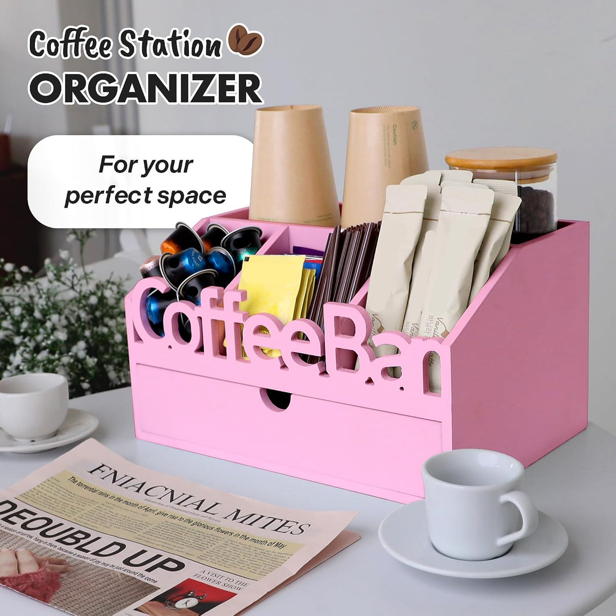 Coffee Bar Organizer Countertop, Wood Coffee Station with Drawer, Pink