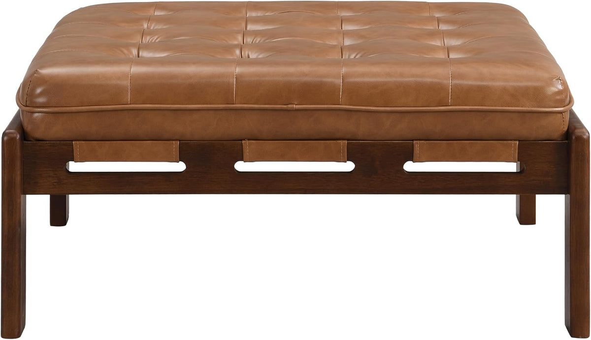 Christopher Knight Home Yorick Modern Square Faux Leather Upholstered Living Room Cocktail Ottoman/Coffee Table, Rubberwood Frame, Tufted Top, Large Sofa Footstool, Multi-Functional, Brown+Walnut