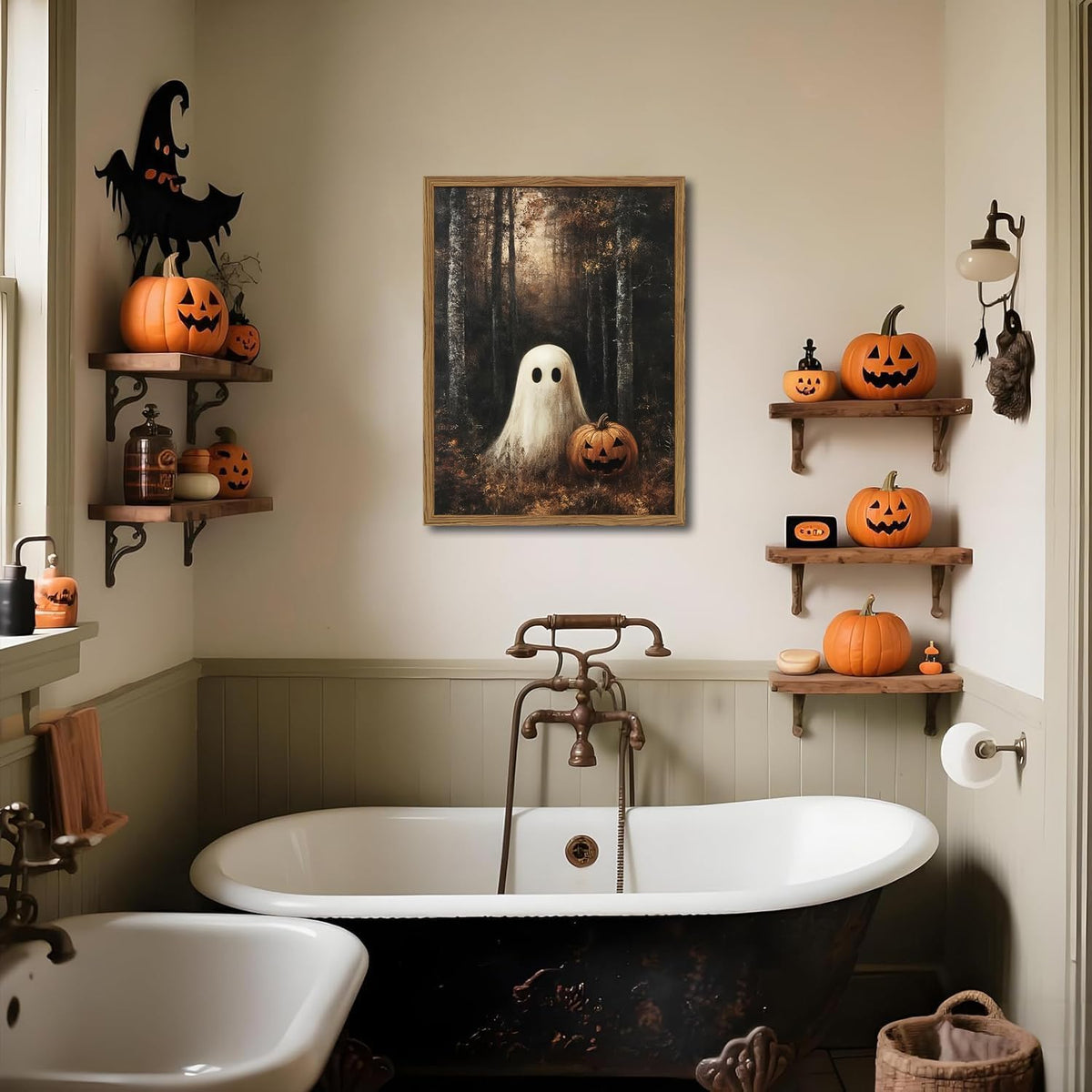 Framed Vintage Halloween Ghost Canvas Wall Art, Cute Ghost Pumpkin Wall Decor Paintings, Gothic Dark Academia Pictures Prints Spooky Fall Forest Home Decor for Living Room Bedroom 12x16 inch