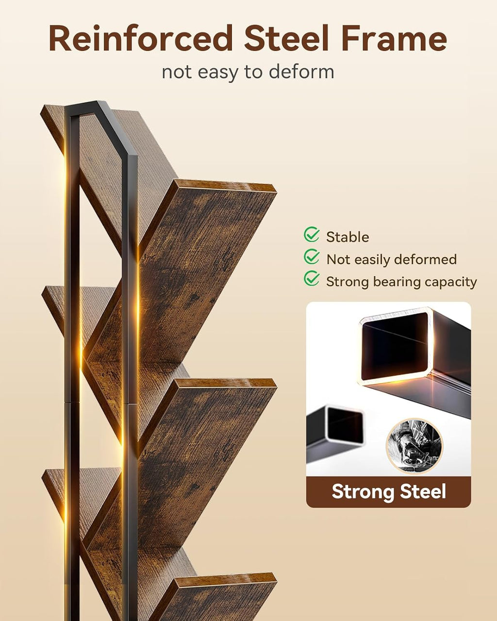 Casaottima Tree Bookshelf with LED Lights, 6-Tier Small Bookshelf, Vintage