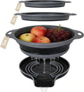 Collapsible Colander Set of 3 with Kitchen Counter Self-draining Base, Round Silicone Food Foldable Strainer for Cooking Pasta, Vegetables and Fruit (3QT, 4QT and 5QT), Black