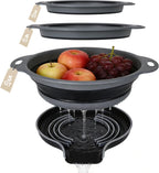 Collapsible Colander Set of 3 with Kitchen Counter Self-draining Base, Round Silicone Food Foldable Strainer for Cooking Pasta, Vegetables and Fruit (3QT, 4QT and 5QT), Black