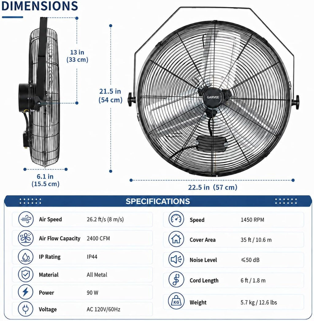 18 Inch Wall Mount Fan, 3 Speeds Wall Mounted Hanging Fan