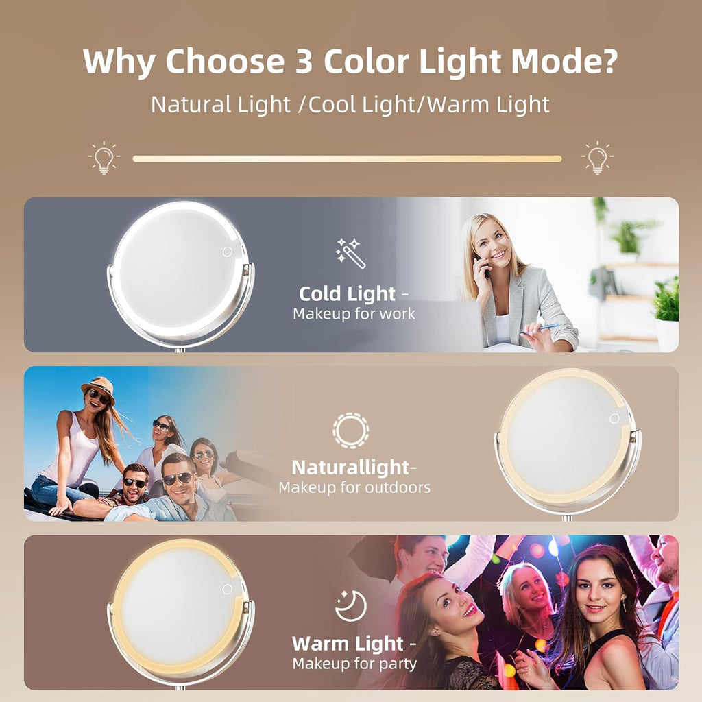 FRANO Makeup Mirror with Lights, Lightweight 8" Double-Sided Magnifying Vanity Mirror 1X/10X, Rechargeable, Adjustable Brightness with 3 Colors, Gift for Mom,Women, Wife, Girls, Dorm Room Essential