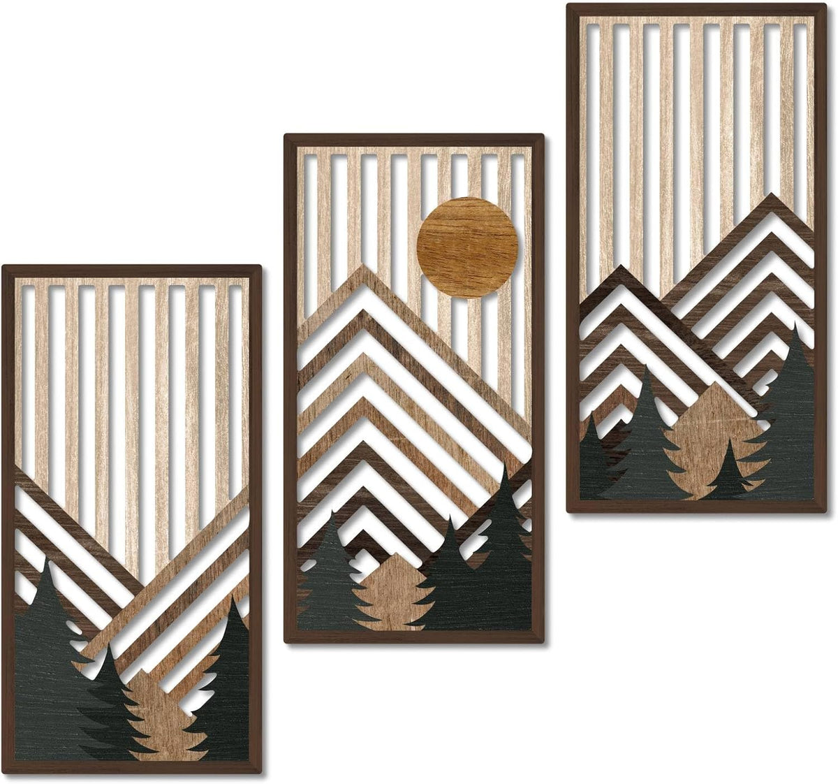 Putuo Decor Boho Mountain Wall Art Set of 3, Rustic Wooden Wall Decor, Nature-Inspired Geometric Artwork, Mid-Century Modern Aesthetic for Living Room, Bedroom, Office Brown 16.5 x 8.6 inch