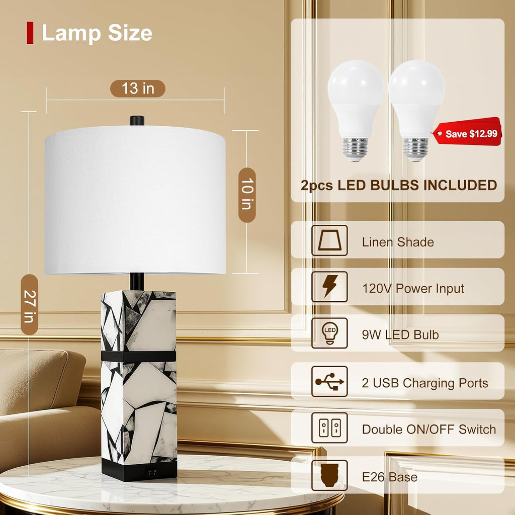 Scenekoy 27" Alabaster Table Lamp Set of 2 with Night Light for Living Room