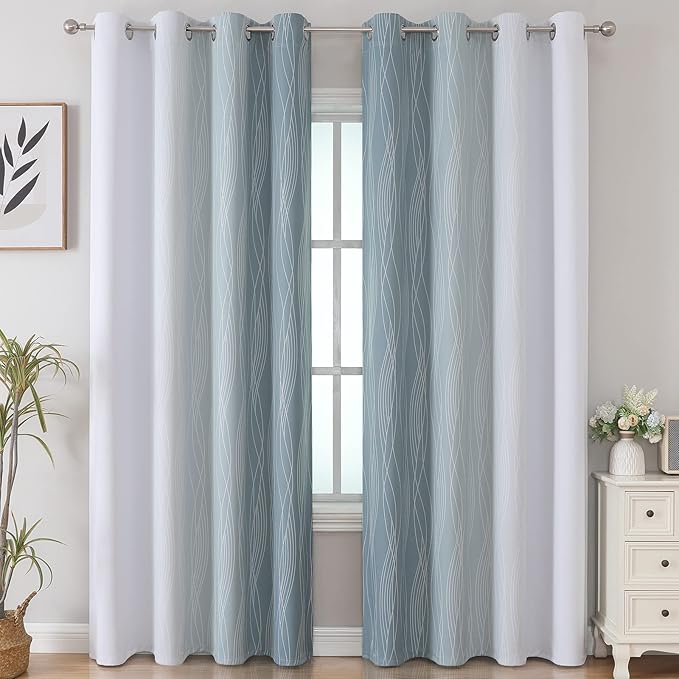 Estelar Textiler Stone Blue and Greyish White Blackout Curtains 96 Inches Long - Image 2