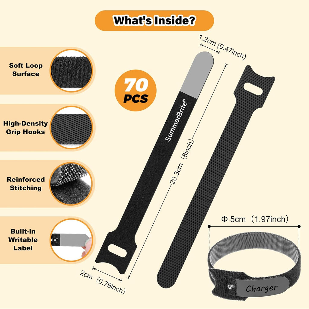Cable Ties with Writable Labels, Cord Management, Black, 70 PCS, 8 IN