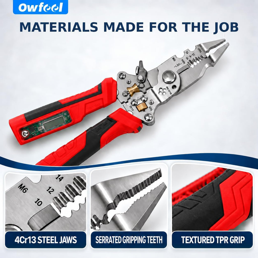 16-in-1 Wire Stripper and Crimping Tool, Foldable Wire Cutter with Rechargeable 12-250V AC/DC Voltage Tester for Hot/Neutral Checks, Home Wiring and DIY Repair (Red1)