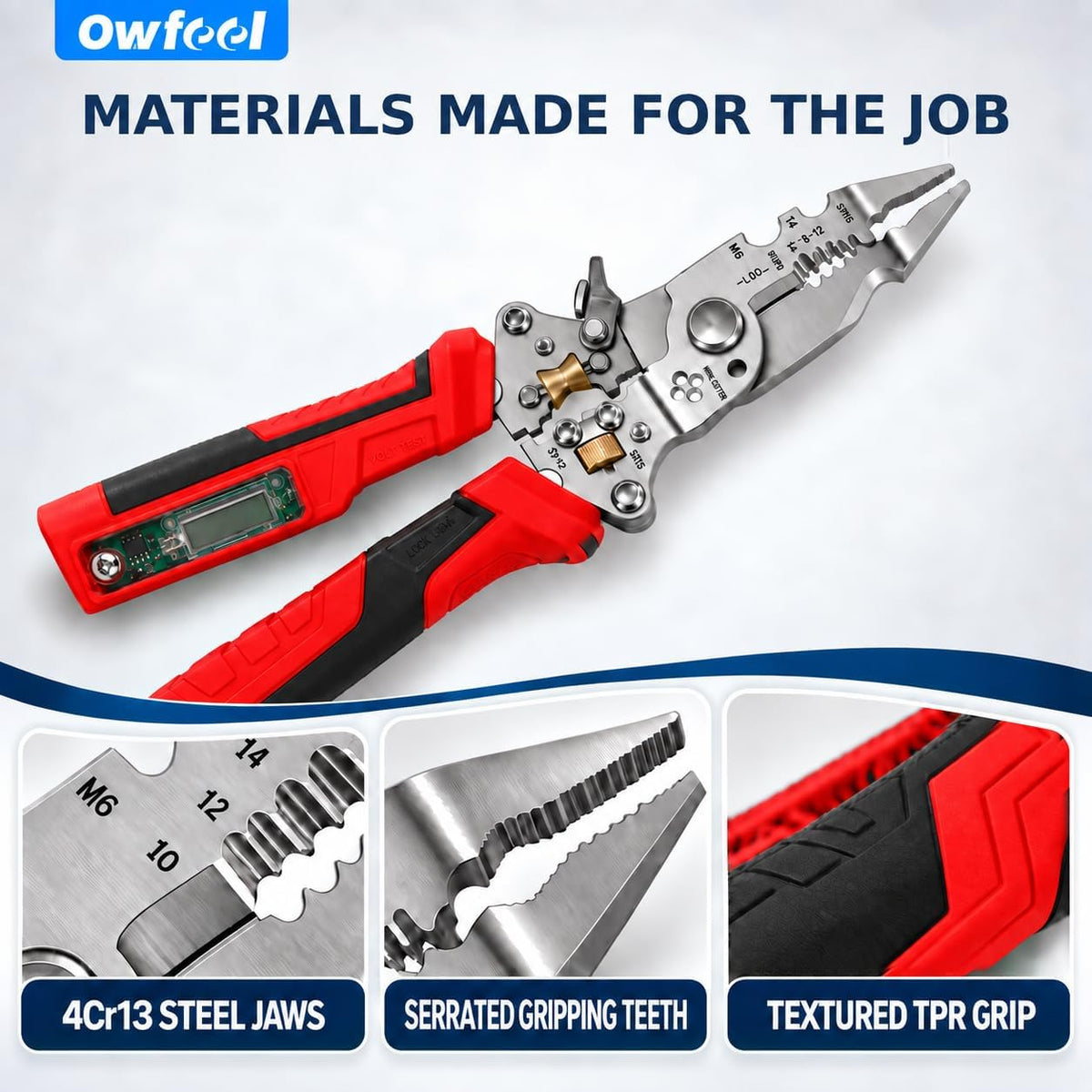 16-in-1 Wire Stripper and Crimping Tool, Foldable Wire Cutter with Rechargeable 12-250V AC/DC Voltage Tester for Hot/Neutral Checks, Home Wiring and DIY Repair (Red1)