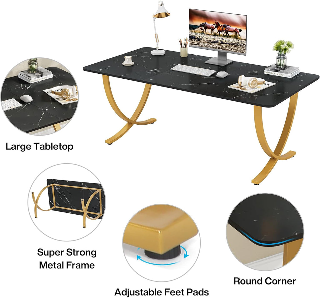 Tribesigns Executive Desk, 63” W x 31.5” D Large Office Desk, Modern Computer Desk Conference Table Meeting Room Table, Business Furniture for Home Office, Black and Gold