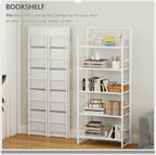 4NM No Assembly 5 Tier Folding Bookshelf Tall Storage Shelves Vintage Bookcase Standing Racks for Bedroom Living Room Home Office