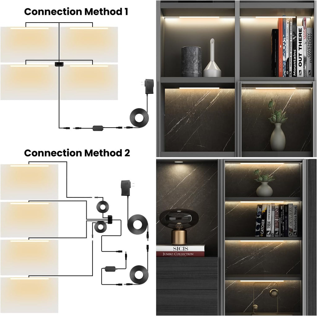 Black Shelf Lights, LED Bookcase Lighting Compatible with Alexa, WiFi Dimmable 2700K Under Shelf Lighting for Bookshelf, Display Case, Cabinets with App, Remote, Memory Function (4Pack 12In)