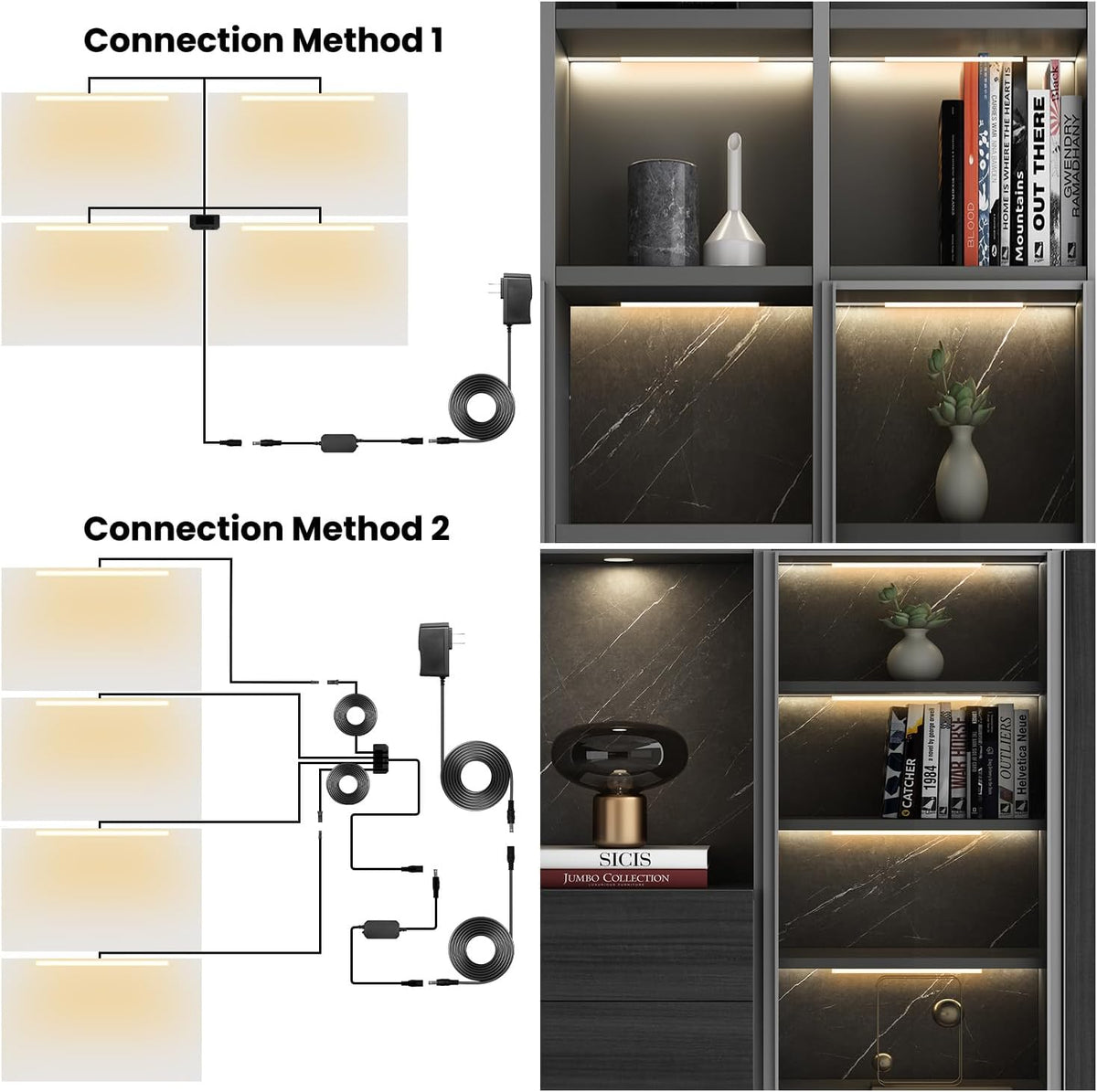 Black Shelf Lights, LED Bookcase Lighting Compatible with Alexa, WiFi Dimmable 2700K Under Shelf Lighting for Bookshelf, Display Case, Cabinets with App, Remote, Memory Function (4Pack 12In)