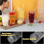 Glass Cups Set with Straw/Bamboo Lid, 12 oz Stackable Serving Drinking Glasses, Ideal for Whiskey/Cocktails/Juice/Coffee/Beer, Dishwasher Safe, 3 Patterns of Vintage Glassware Sets (6 Pcs)
